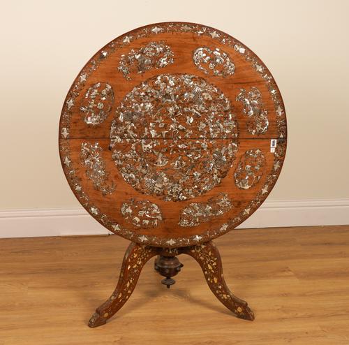 A LATE 19TH CENTURY CHINESE-EXPORT MOTHER-OF-PEARL INLAID CIRCULAR SNAP TOP TRIPOD OCCASIONAL TABLE