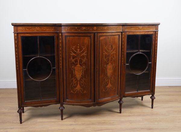 AN EDWARDIAN MARQUETRY INLAID ROSEWOOD BOWFRONT SIDE CABINET