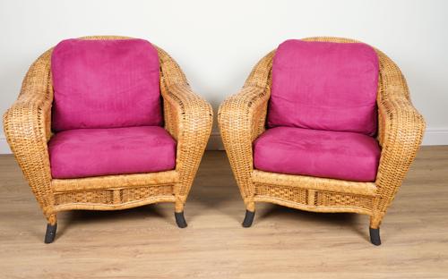 A PAIR OF CANE WORK ARMCHAIRS (2)