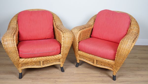 A PAIR OF CANE WORK ARMCHAIRS (2)