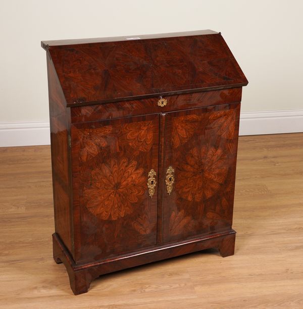 AN EARLY 18TH CENTURY ITALIAN KINGWOOD AND TULIPWOOD BUREAU CUPBOARD OF SMALL PROPORTIONS