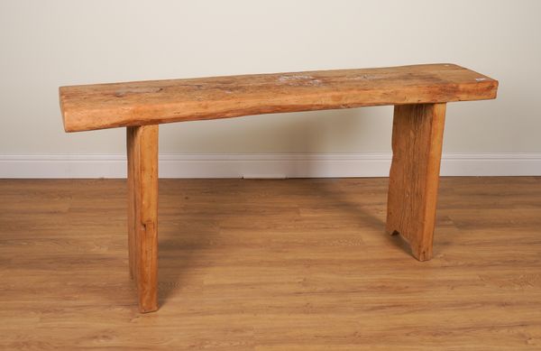 A CONTEMPORARY RECLAIMED PINE CONSOLE TABLE ON SLAB SUPPORTS