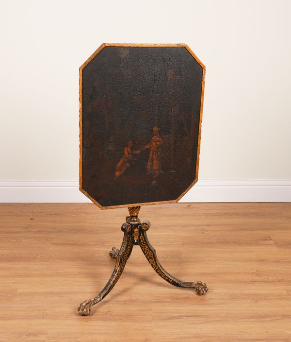 A REGENCY PARCEL-GILT LACQUERED CANTED RECTANGULAR TRIPOD SNAP TOP TABLE