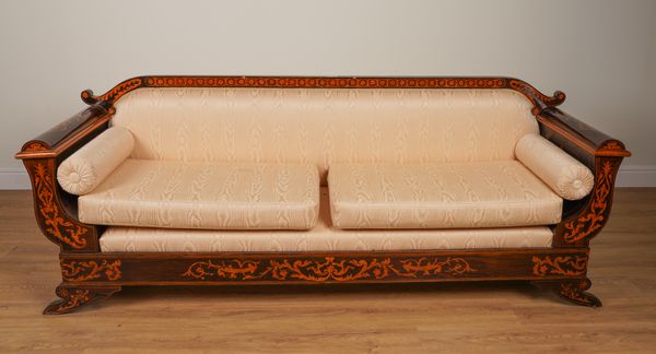 A 19TH CENTURY CONTINENTAL MARQUETRY INLAID ROSEWOOD SOFA