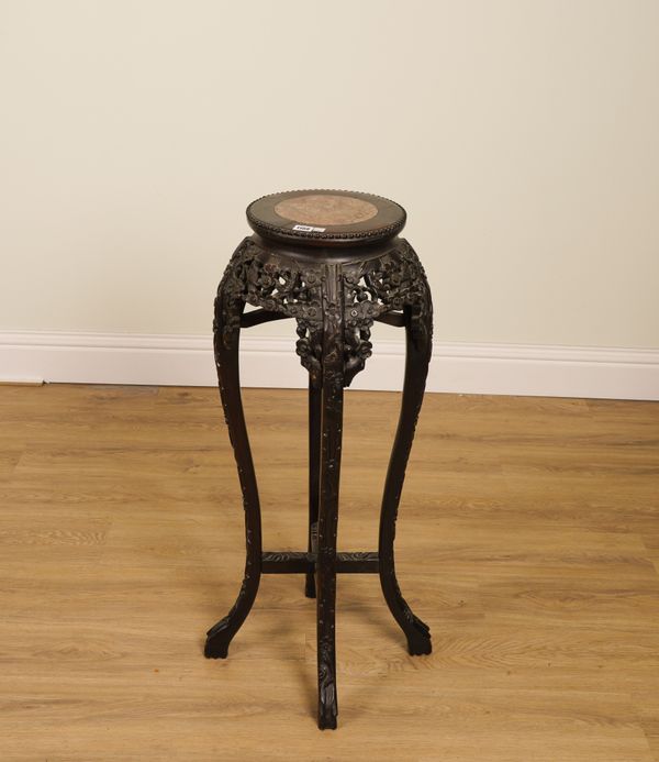 A LATE 19TH CENTURY CHINESE-EXPORT MARBLE INSET CARVED HARDWOOD JARDINIERE STAND