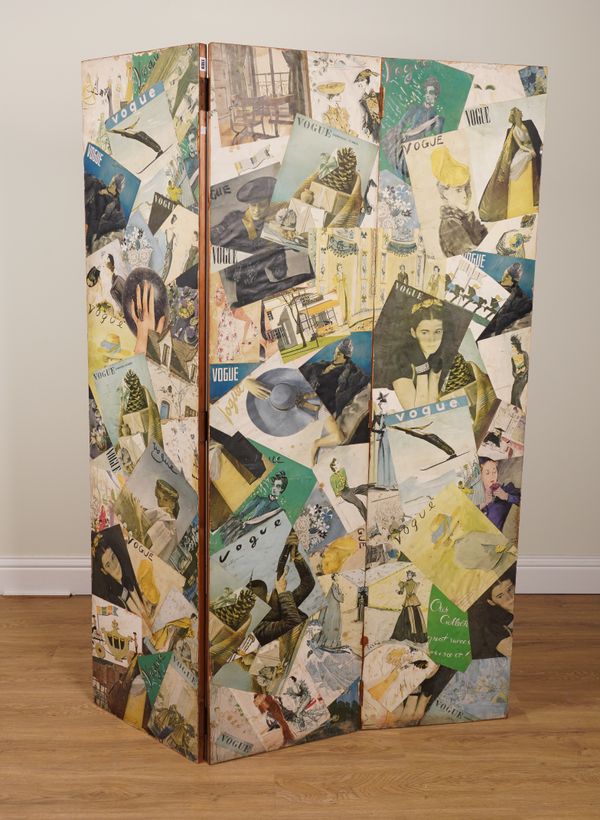 A MID-20TH CENTURY VOGUE MAGAZINE DECOUPAGE DECORATED THREE-FOLD SCREEN