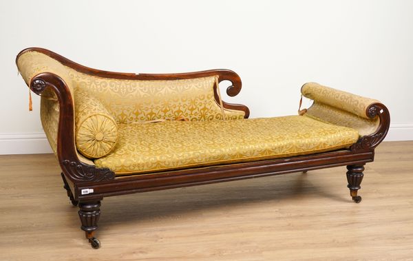 A REGENCY ROSEWOOD DOUBLE SCROLL END CHAISE LONGUE