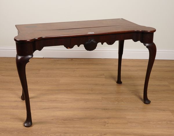 AN 18TH CENTURY AND LATER MAHOGANY HALL TABLE WITH STEPPED ROUNDED CORNERS