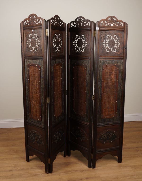 A CHINESE-EXPORT RATTAN INSET PIERCED AND CARVED FOUR FOLD SCREEN