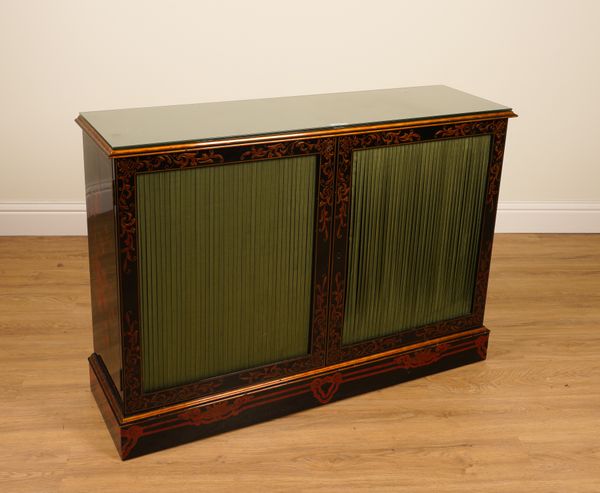 A REGENCY STYLE EBONISED AND SCARLET LACQUER TWO DOOR SIDE CABINET