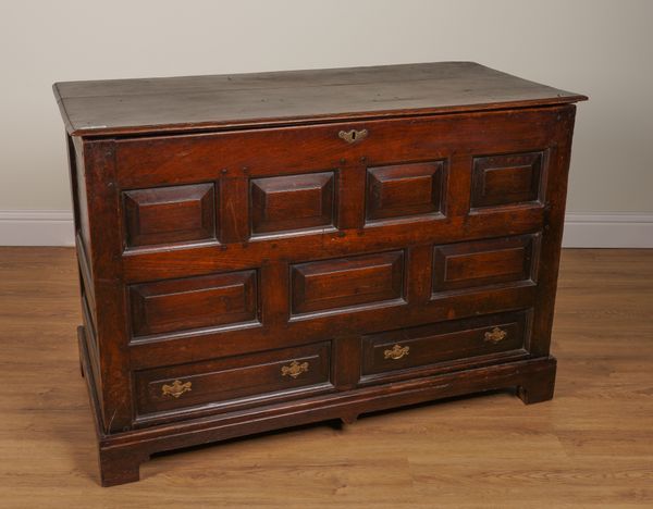 AN 18TH CENTURY OAK MULE CHEST WITH RAISED GEOMETRIC PANELS