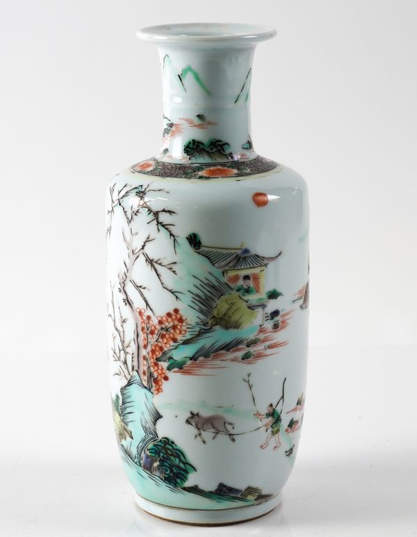 A SMALL CHINESE FAMILLE-VERTE ROULEAU VASE