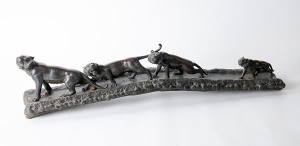 A LARGE JAPANESE BRONZE GROUP OF FOUR TIGERS CROSSING A BRIDGE BY GENRYUSAI SEIYA