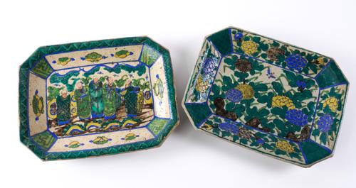 TWO JAPANESE KUTANI  CANTED RECTANGULAR DISHES ( 2)