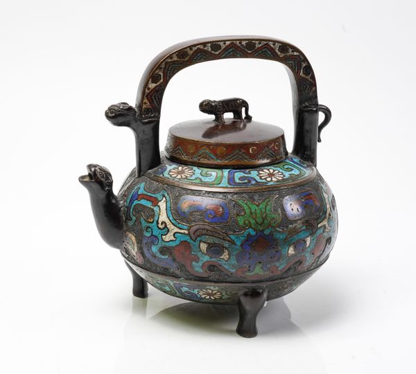 A JAPANESE BRONZE AND CHAMPLEVE ENAMEL WINE POT AND COVER (2)