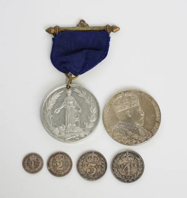 AN EDWARD VII FOUR COIN MAUNDY SET 1908 AND THREE FURTHER ITEMS (4)