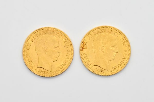 TWO GREEK GOLD TWENTY DRACHMAI 1884 A (2)