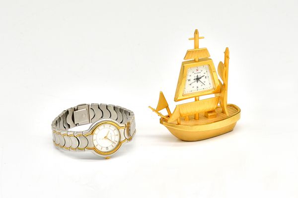 A LADY'S BUCHERER Q BRACELET WRISTWATCH AND A GILT METAL SAILING SHIP CLOCK (2)