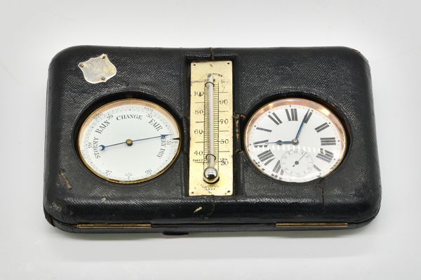 A SILVER PLATED GOLIATH POCKET WATCH AND A POCKET BAROMETER FITTED IN A LEATHER CASE