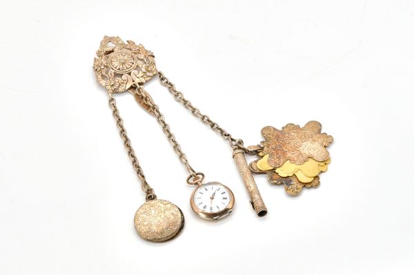 A CHATELAINE FITTED WITH A LADIES FOB WATCH AND OTHER IMPLEMENTS