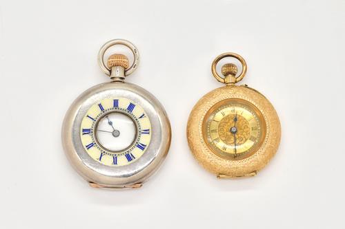 A SWISS GOLD LADY'S KEYLESS WIND FOB WATCH AND A SWISS SILVER & ENAMEL FOB WATCH (2)