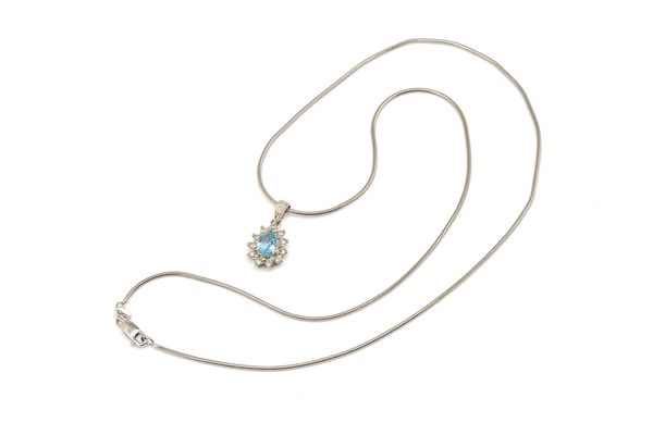 AN AQUAMARINE AND DIAMOND PENDANT WITH A 9CT WHITE GOLD NECKCHAIN (2)