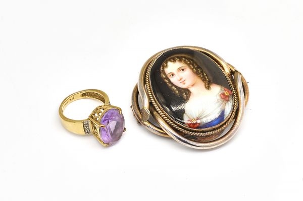 A 9CT GOLD, AMETHYST AND DIAMOND RING AND A BROOCH DEPICTING A LADY (2)