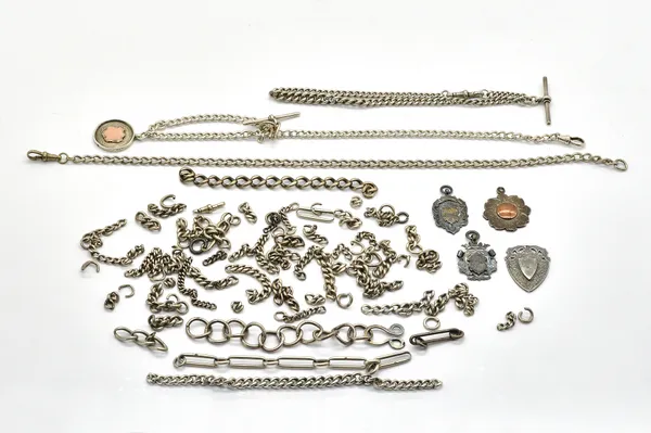 THREE SILVER CURB LINK WATCH ALBERT CHAINS AND FURTHER MOSTLY SILVER ITEMS (QTY)