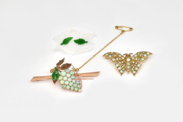 A 9CT GOLD, OPAL AND RUBY SET BUTTERFLY BROOCH AND ANOTHER BROOCH (2)