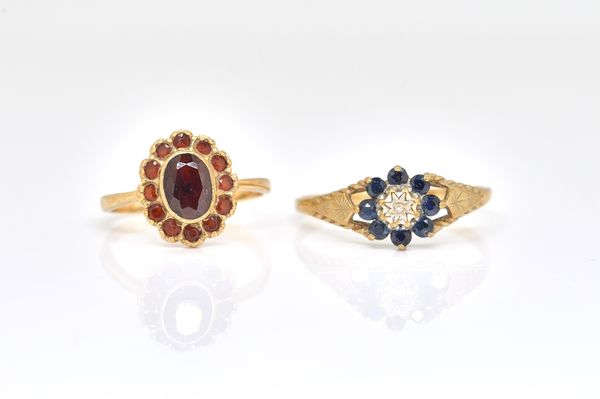 A 9CT GOLD, SAPPHIRE AND DIAMOND CLUSTER RING AND ANOTHER RING (2)