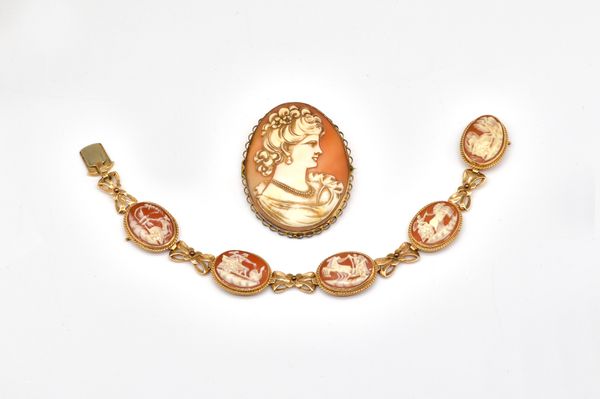 A 9CT GOLD AND SHELL CAMEO BRACELET AND A GOLD MOUNTED SHELL CAMEO BROOCH (2)