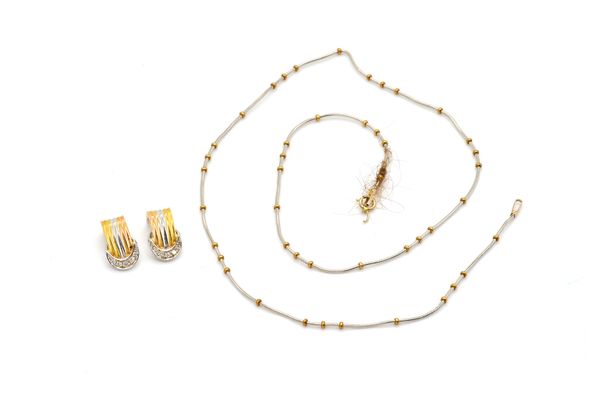 A PAIR OF TWO COLOUR GOLD AND DIAMOND EARCLIPS AND A WHITE GOLD NECKLACE (2)