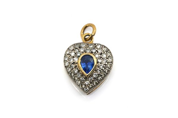 A GOLD AND SILVER SET, SAPPHIRE AND DIAMOND HEART SHAPED PENDANT