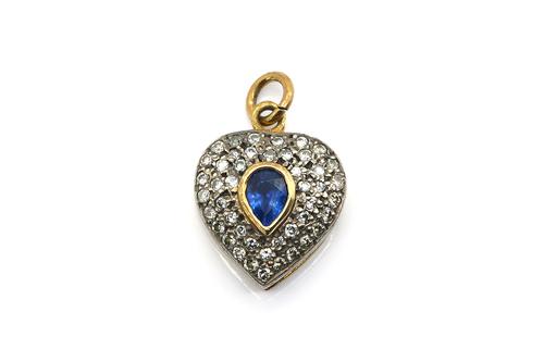 A GOLD AND SILVER SET, SAPPHIRE AND DIAMOND HEART SHAPED PENDANT