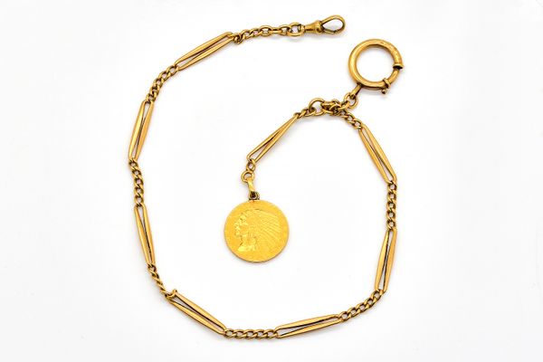 A GOLD WATCH ALBERT CHAIN WITH A COIN FOB