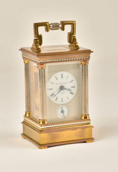 MATTHEW NORMAN, LONDON: A GILT-BRASS AND SILVERED CARRIAGE TIMEPIECE WITH ALARM