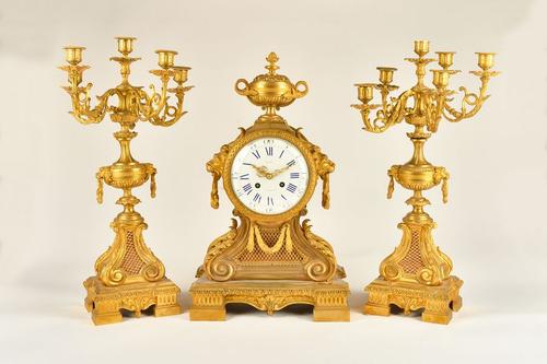 A FRENCH LOUIS XVI STYLE ORMOLU CLOCK GARNITURE (3)