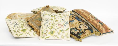 FIVE TAPESTRY FRAGMENT AND NEEDLEWORK CUSHIONS (9)
