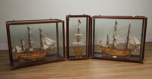 TWO SCALE MODELS OF HMS BOUNTY AND HMS ENDEAVOUR; TOGETHER WITH A CROSS SECTION MODEL OF HMS VICTORY (3)