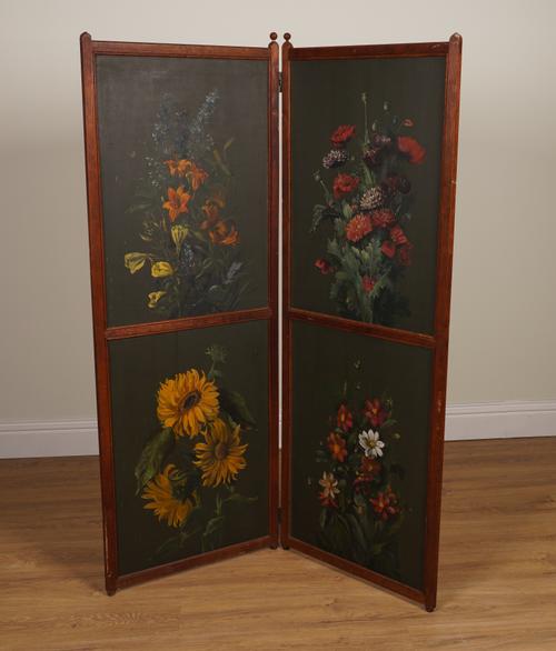 A LATE VICTORIAN PITCH PINE PAINTED TWO FOLD SCREEN