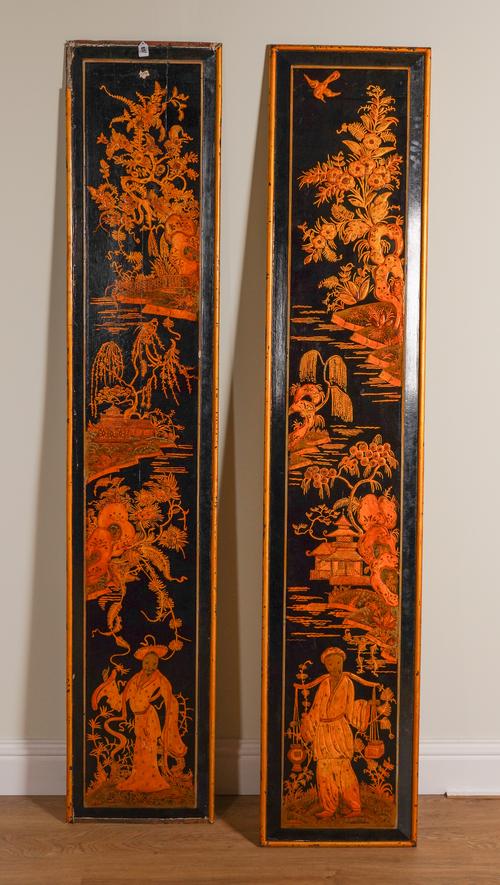 A PAIR OF GILT-DECORATED CHINOISERIE LACQUERED PANELS