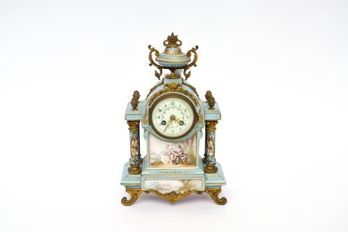 A FRENCH BLUE PORCELAIN AND CLOISSONE ENAMEL MANTEL CLOCK