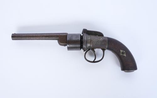 A VICTORIAN STEEL AND MAHOHGANY SIX SHOT PERCUSSION REVOLVER
