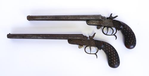 WITHDRAWN A PAIR OF BELGIAN STEEL PERCUSSION CAP DOUBLE BARREL PISTOLS (2)