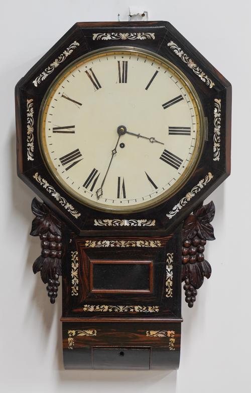 A VICTORIAN ROSEWOOD AND MOTHER-OF-PEARL INLAID OCTAGONAL DROP DIAL FUSEE WALL TIMEPIECE