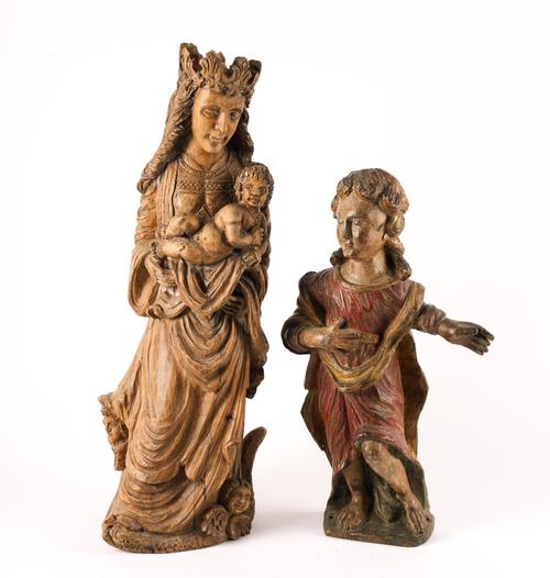 A NORTH EUROPEAN LIMEWOOD CARVING OF THE VIRGIN AND CHILD AND ANOTHER CARVED FIGURE OF A MAN (2)