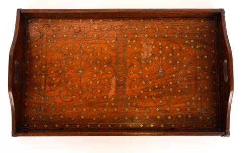 AN INDIAN TEAK AND BRASS INLAID TRAY (4)