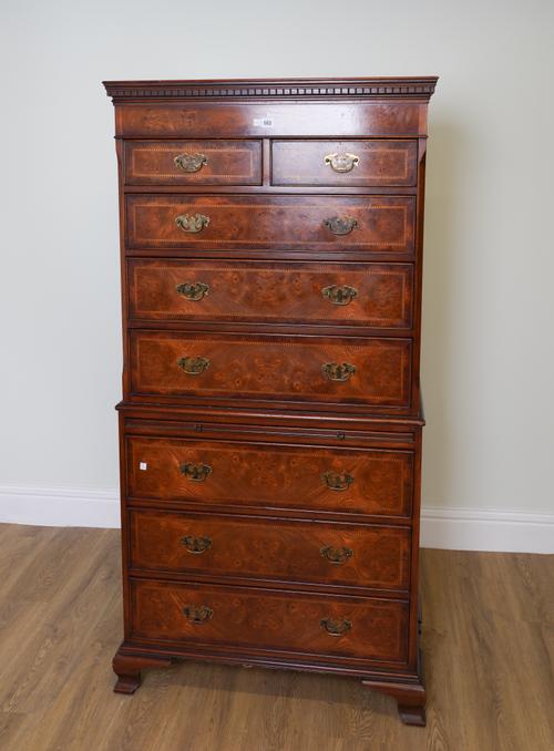 A SMALL GEORGE III STYLE INLAID POLLARD OAK AND WALNUT CHEST-ON-CHEST