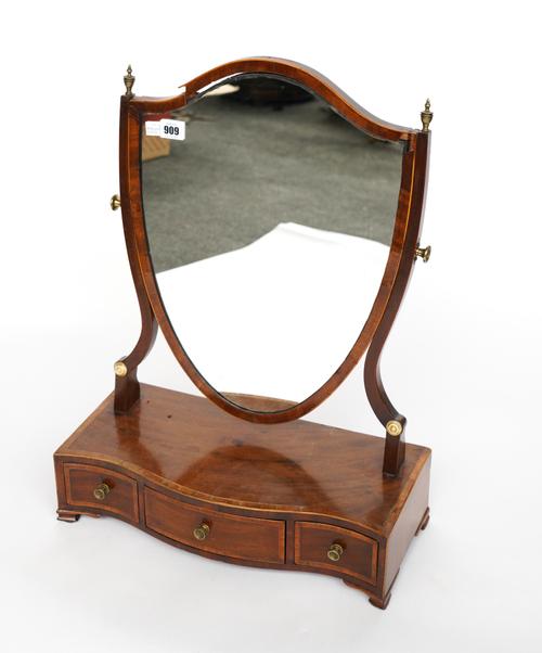 A GEORGE III INLAID MAHOGANY SHIELD-SHAPED TOILET MIRROR