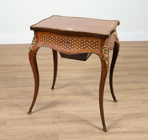 A LOUIS XV STYLE ORMOLU-MOUNTED TULIPWOOD AND PARQUETRY INLAID WORK TABLE